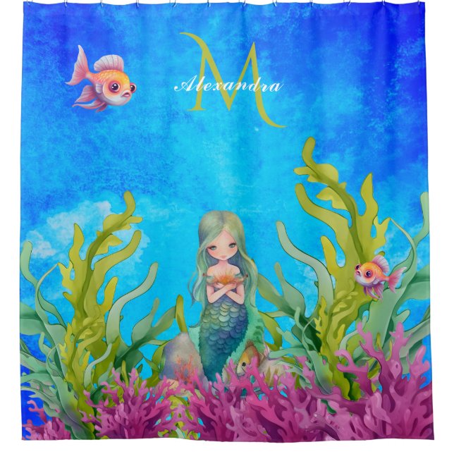 Rideaux De Douche Nom du monogramme bleu clair Mermaid (Devant)
