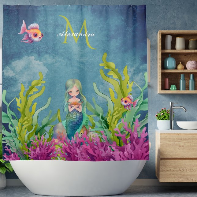 Rideaux De Douche Nom du monogramme mignon Sirène (Créateur téléchargé)