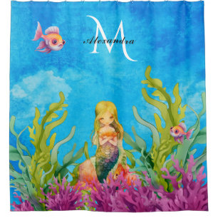 Rideaux De Douche Nom du monogramme mignon Sirène Océan Bleu clair
