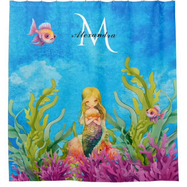 Rideaux De Douche Nom du monogramme mignon Sirène Océan Bleu clair (Devant)