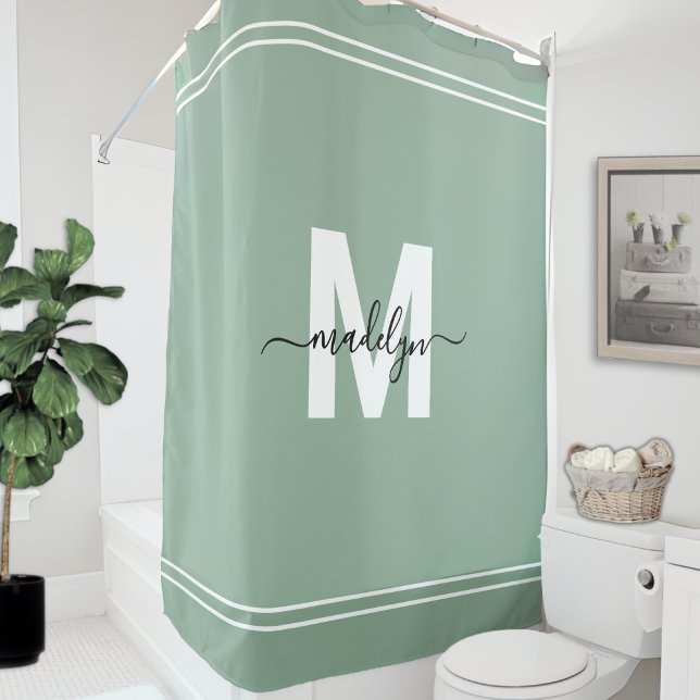 Rideaux De Douche Nom Élégant Monogramme Vert Sauge (Elegant Name Monogram Sage Green Shower Curtain)