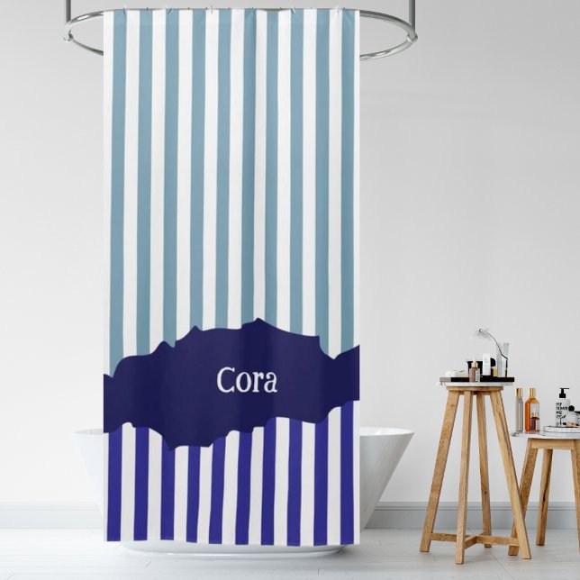 Rideaux De Douche Nom en couche bleue de rayures blanches déchirées  (Modern Torn White Stripes Blue Layered Name Shower Curtain)