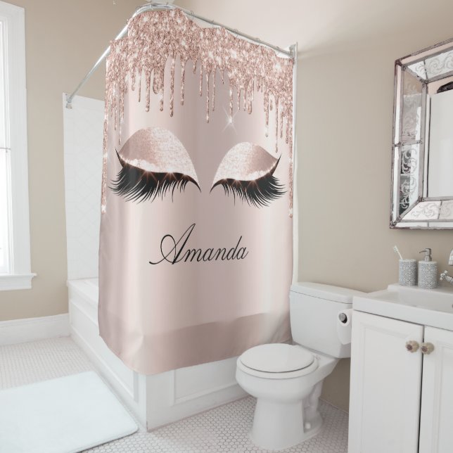 Rideaux De Douche Nom Eyelashes Maquillage Étincelle Rose gouttes fi (En situation)