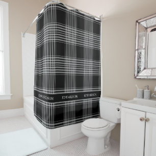 Rideaux De Douche Nom monogramme du motif noir moderne à damiers