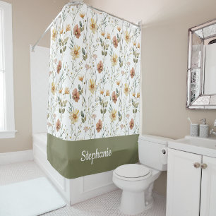 Rideaux De Douche Nom monogramme fleur sauvage aquarelle Boho Green