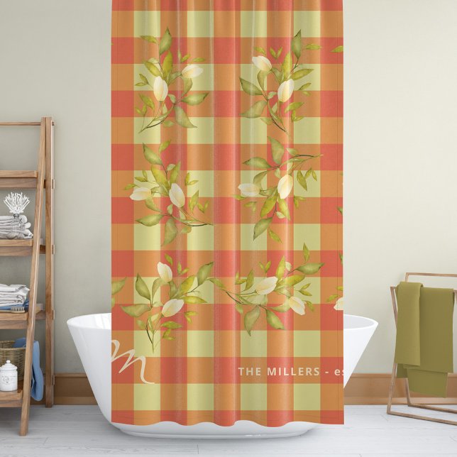 Rideaux De Douche Nom monogrammé floral en vichy orange rustique (Créateur téléchargé)
