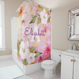Rideaux De Douche Nom monogramme vintage aquarelle floral or rose