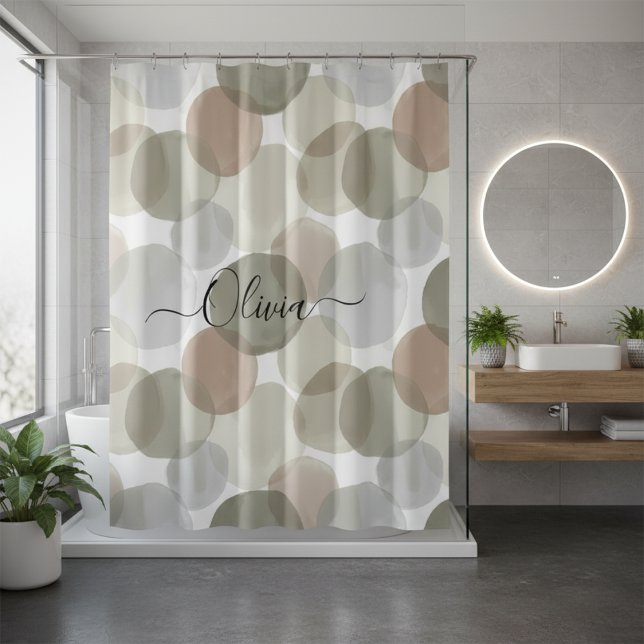 Rideaux De Douche Nom personnalisé aquarelle vert olive et gris (Créateur téléchargé)