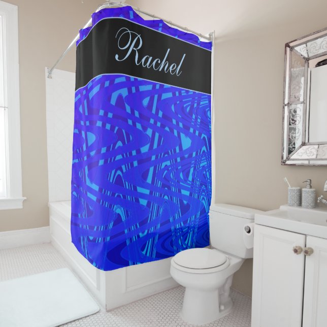 Rideaux De Douche Nom personnalisé Blue Swirls Abstrait Motif Artsy (En situation)