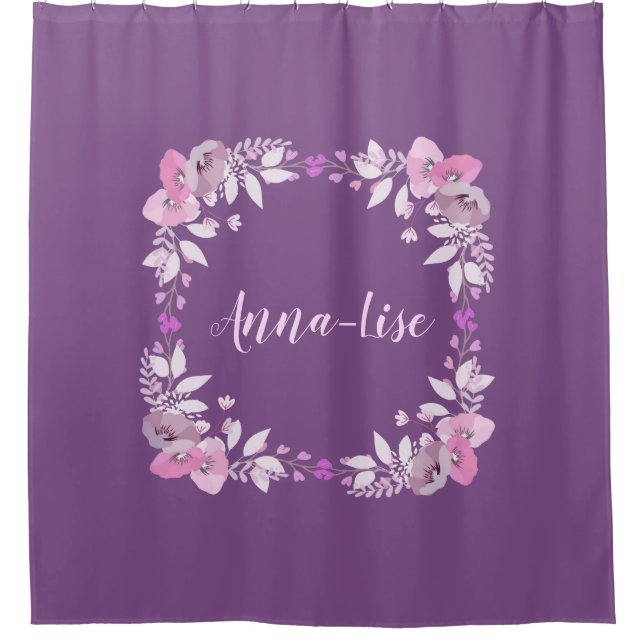 Rideaux De Douche Nom personnalisé Couronne florale en violet (Devant)