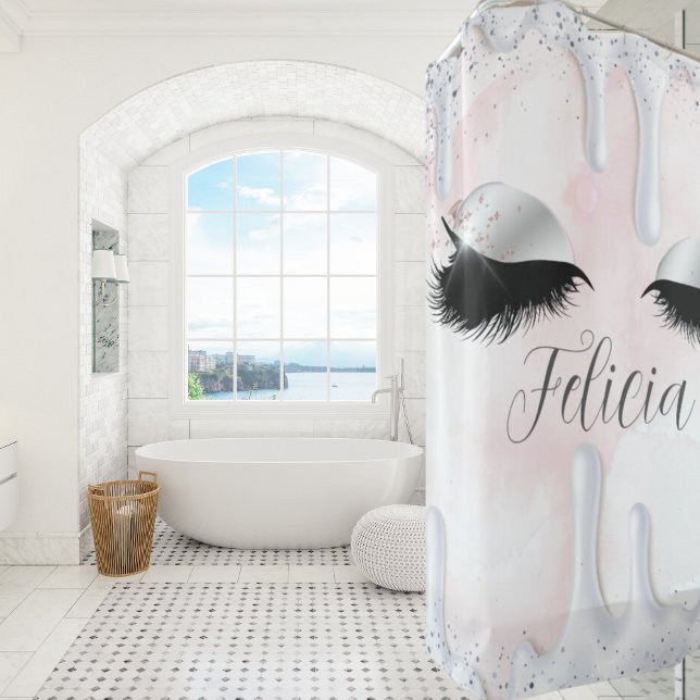 Rideaux De Douche Nom personnalisé Eyelashes Rose maquillage gouttes (Créateur téléchargé)
