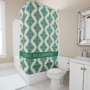 Rideaux De Douche Nom personnalisé Green Vintage Tile Motif
