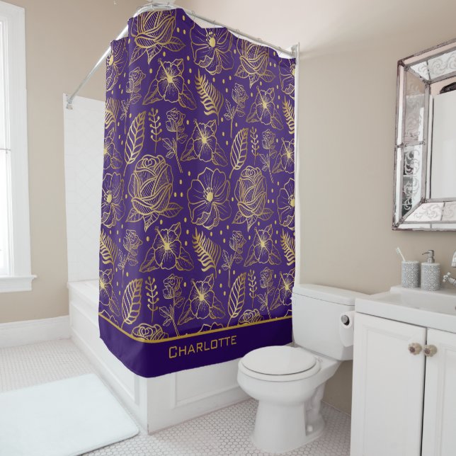Rideaux De Douche Nom personnalisé motif floral doré (En situation)