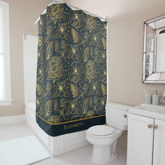 Rideaux De Douche Nom personnalisé motif floral doré (En situation)
