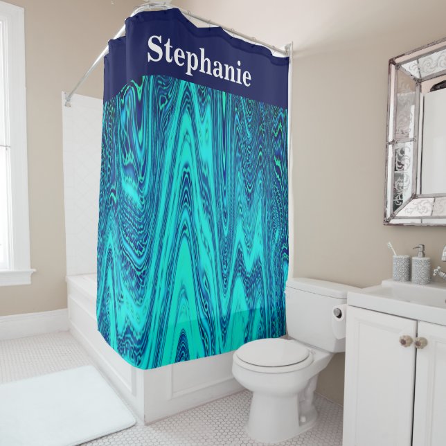 Rideaux De Douche Nom personnalisé Turquoise Blue Ocean Wave Abstrai (En situation)