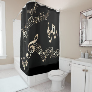 Rideaux De Douche Notes de musique dorées sur fond noir moyen