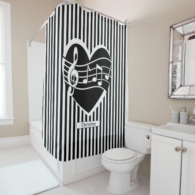 Rideaux De Douche Notes de musique noire blanche personnalisée Cardi (En situation)