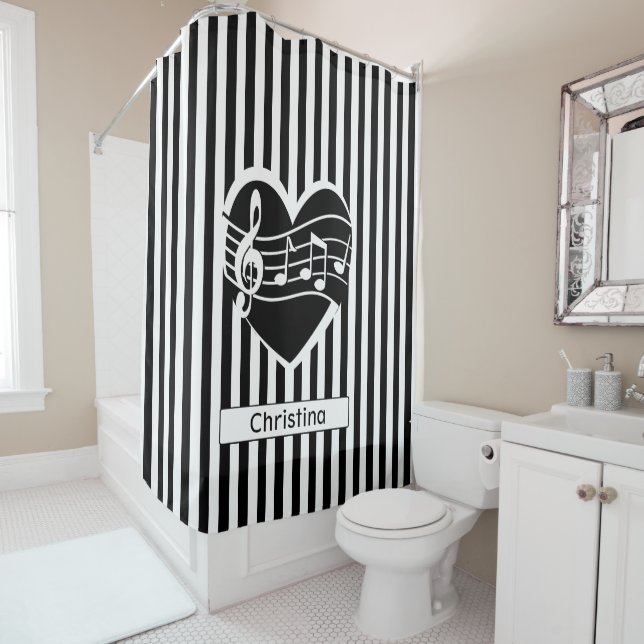 Rideaux De Douche Notes de musique noire blanche personnalisée Cardi (En situation)