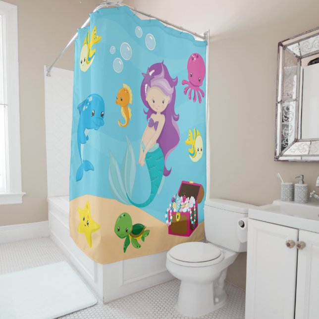 Rideaux De Douche Ocean Sea Friends mignonne caricature sirène & tré (En situation)