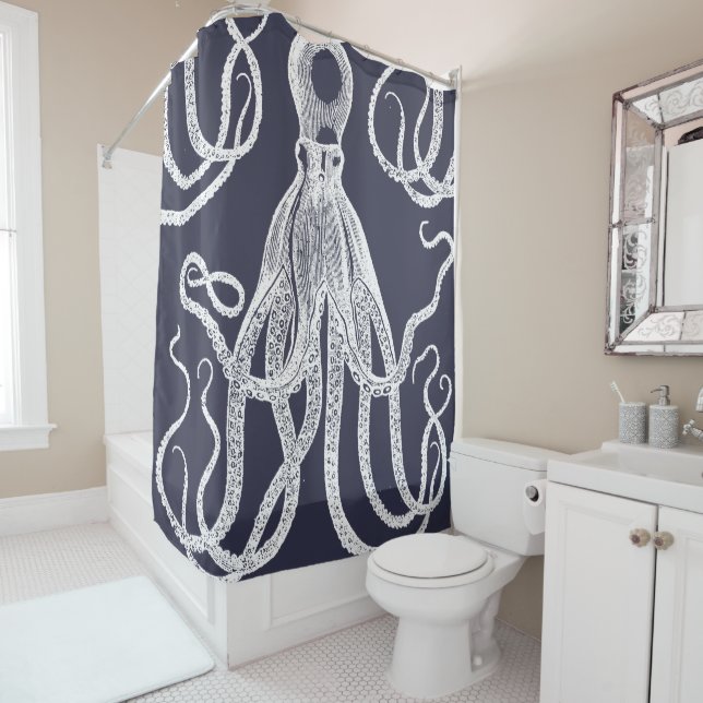 Rideaux De Douche Octopus antique en bleu (En situation)