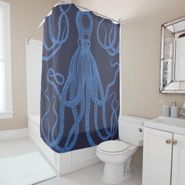 Rideaux De Douche Octopus bleu antique sur bleu (En situation)