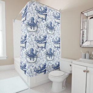 Rideaux De Douche Octopus bleu blanc dans Motif de bain Vintage