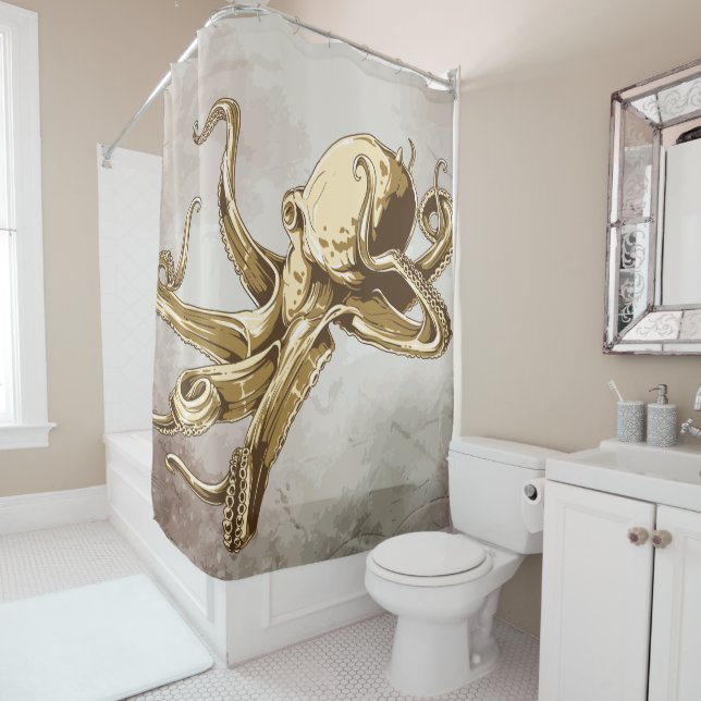 Rideaux De Douche Octopus d'or jaune sur aquarelle (En situation)