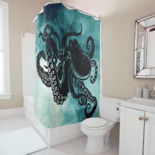 Rideaux De Douche Octopus Kraken vintage sur Aquarelle Turquoise fon