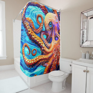 Rideaux De Douche Octopus Whimsical Cubisme d'onde de l'océan bleu