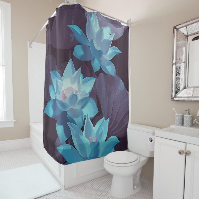 Rideaux De Douche OEuvre d'art acrylique de Lotus Bleu| (En situation)