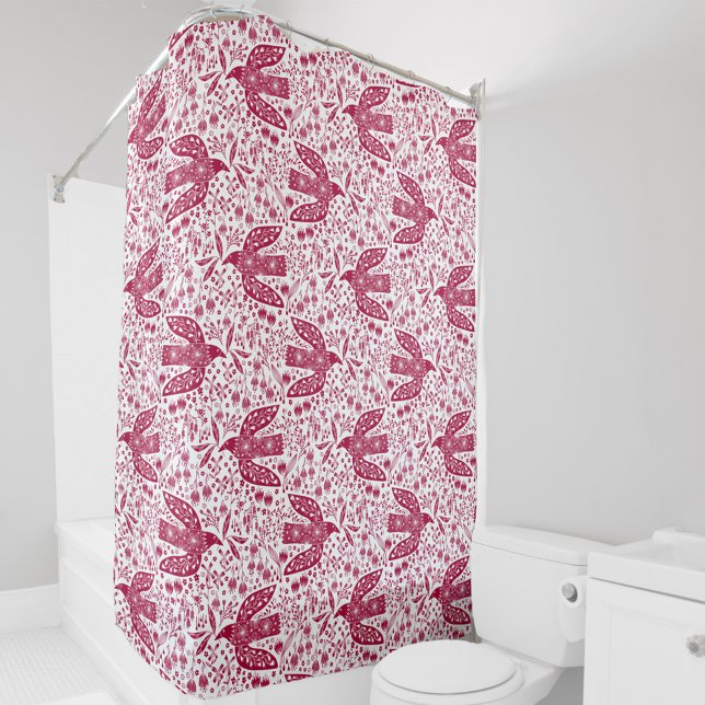 Rideaux De Douche Oiseau Art Rouge Blanc (Magenta hot pink and white peace dove bird and flower pattern shower curtain)