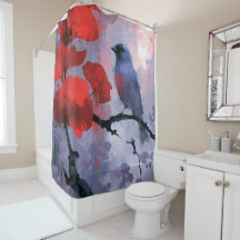 Oiseau chanteur bleu avec fleurs rouges cerise