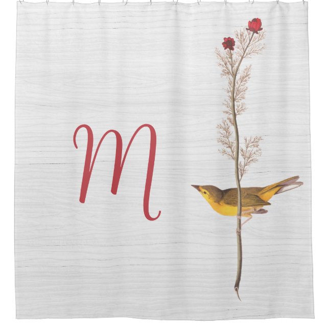 Rideaux De Douche Oiseau jaune d'Audubon sur fleur avec monogramme (Devant)