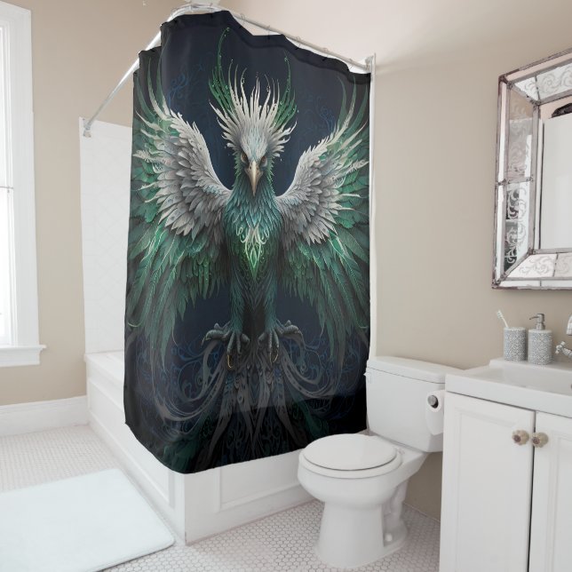 Rideaux De Douche Oiseau mystique Phoenix en vert et blues (En situation)