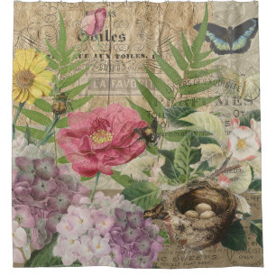 Rideaux De Douche Oiseau Nid Floral Jardin Fleur Papillon Art