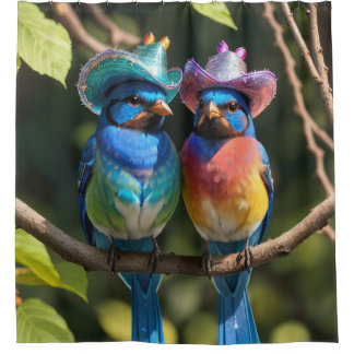 Rideaux De Douche Oiseaux bleus avec Casquettes de cowboy étincelant