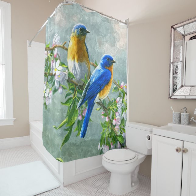 Rideaux De Douche Oiseaux bleus jaunes Cerisier Fleur Arbre Peinture (En situation)