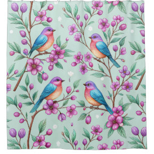 Rideaux De Douche Oiseaux chanteurs et Fleurs Violettes - Menthe Dou