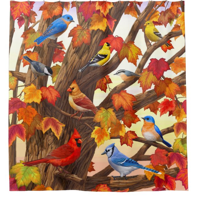 Rideaux De Douche Oiseaux dans l'érable d'automne (Devant)