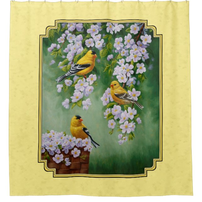Rideaux De Douche Oiseaux Goldfinch et fleurs de pomme Jaune (Devant)