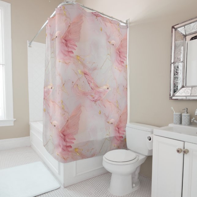 Rideaux De Douche Oiseaux roses dorés (En situation)
