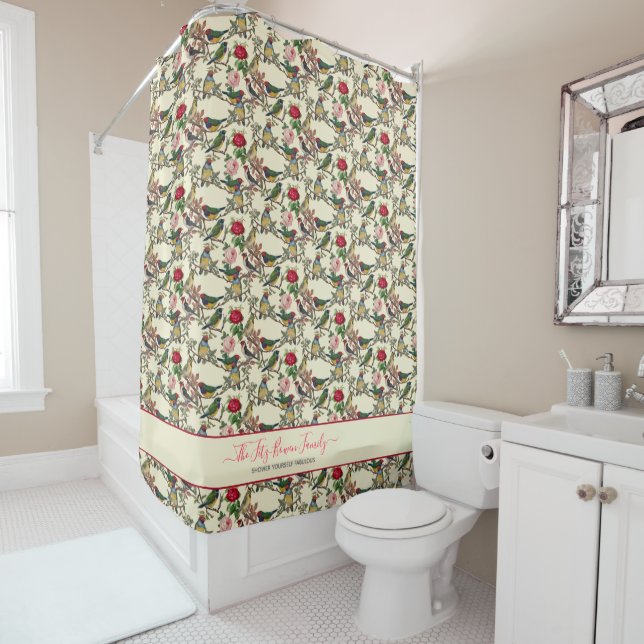 Rideaux De Douche Oiseaux victoriens et Motif rétro Rose (En situation)