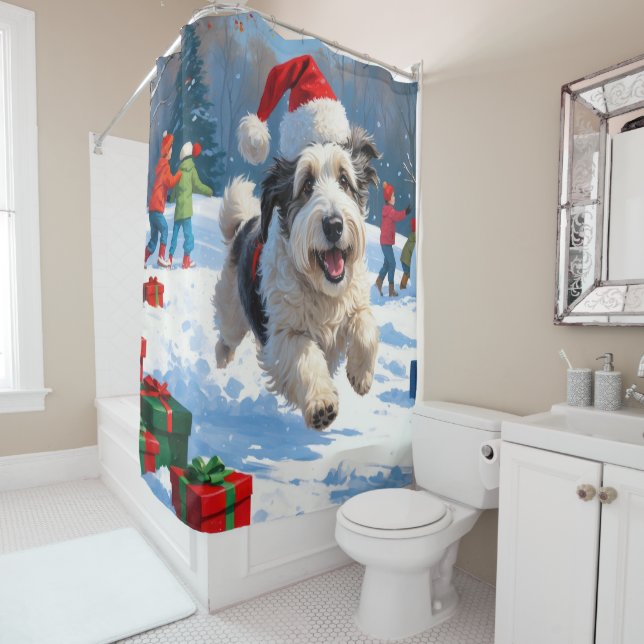 Rideaux De Douche Old English Sheepdog Running in Snow Christmas Cas (En situation)