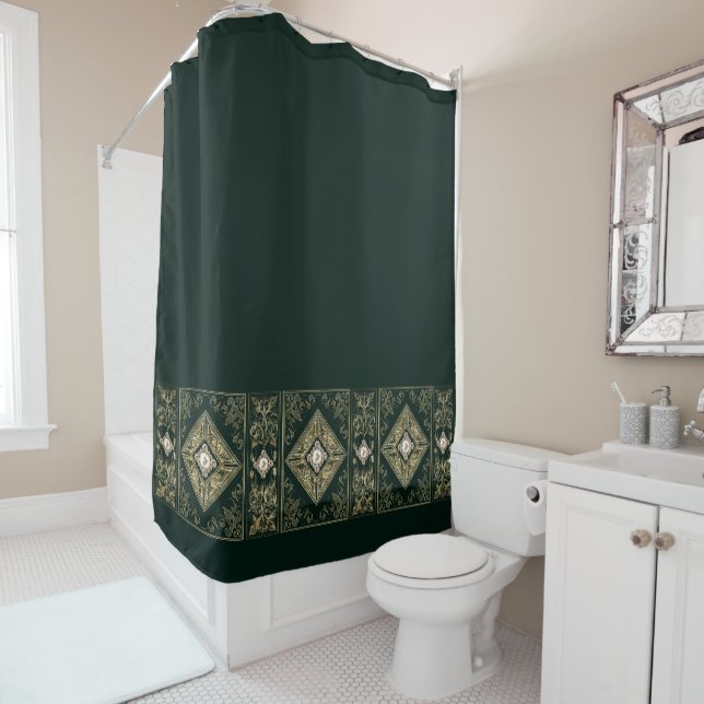 Rideaux De Douche Opulence ornée | Vert et or fleuri (En situation)