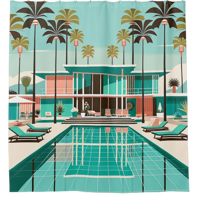 Rideaux De Douche "Opulent Piscine Moderne Du Milieu Du Siècle" (Devant)