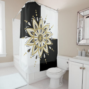 Rideaux De Douche Or de carrés noirs et blancs et mandala noir
