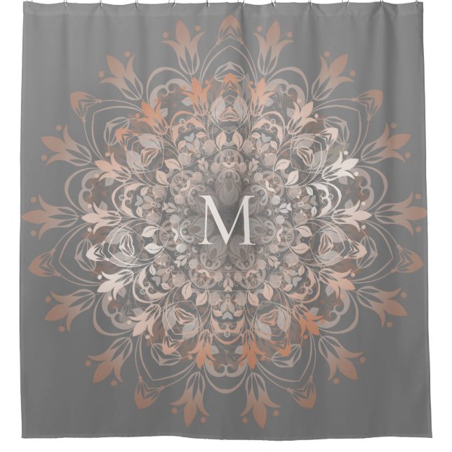 Rideaux De Douche Or Gris Et Rose | Mandala Monogram Mat (Devant)