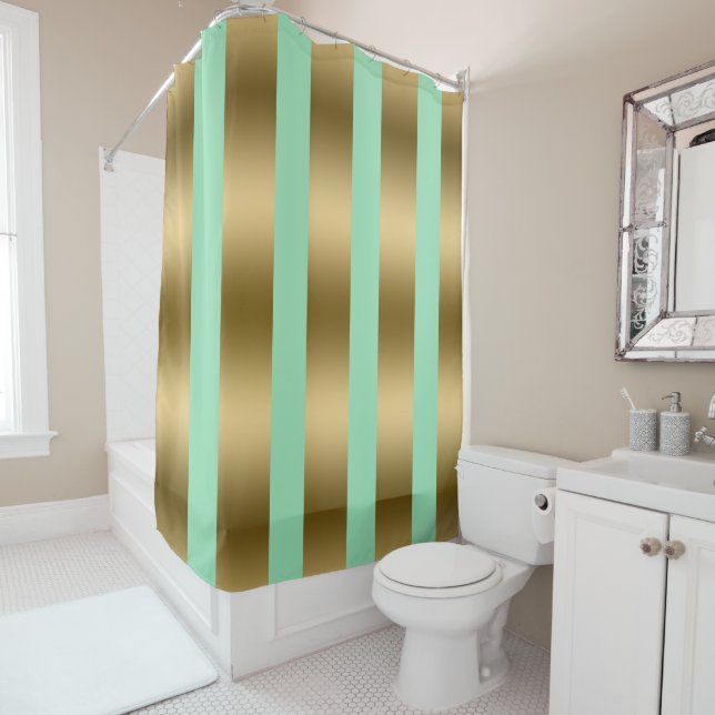 Rideaux De Douche Or moderne et bandes vertes (En situation)