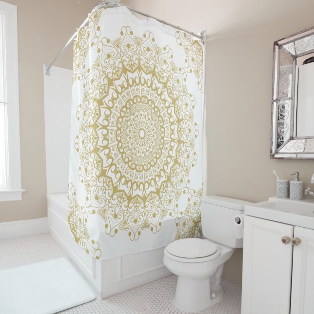 Rideaux De Douche Or sur le motif mandarin blanc orné (En situation)