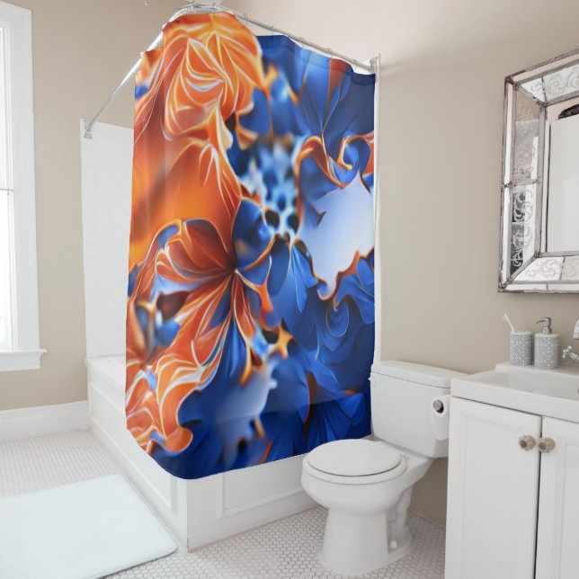 Rideaux De Douche Orange and Blue Floral Fractal (En situation)
